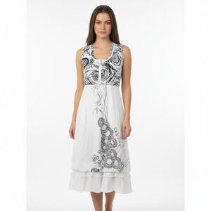 LanVie Midi Dress Womens Small White Black Abstract Sleeveless Tiered Boho Chic